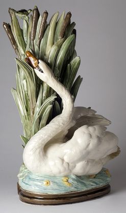 A French faience swan figure and cattails vase, Choisy-le-Roi (1867 to 1889). Swan Vase, Leaping Frog, Collectible Pottery, Grand Vase, Majolica Pottery, Earthenware Pottery, Traditional Pottery, Vases For Sale, Decorative Sculpture