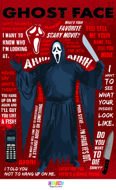 If the answer to "What's your favorite scary movie?" is Scream, then this Ghostface quotable is for you! Ghostface Quotes, Scream Quotes, Scary Names, Movie Killers, Horror Aesthetic, Scream Ghostface, Iconic Quotes, Ghostface Scream, Fav Movie