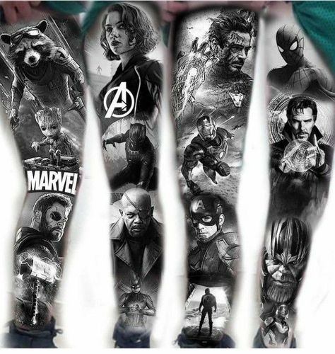 Marvel Dc Tattoo, Superhero Sleeve Tattoo, Iron Man Sleeve Tattoo, Marvel Full Sleeve Tattoo, Marvel Sleeve Tattoo For Men, Marvel Tattoo Sleeve Black And White, Marvel Sleeve Tattoo Woman, Marvel Avengers Tattoo Ideas, Marvel Leg Sleeve Tattoo