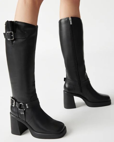 FRANCINE Black Leather Block Heel Knee High Boot | Women's Boots – Steve Madden Steve Madden Black Boots, Knee Boot, Chunky Block Heels, Leather Block Heels, 5 Inch Heels, Moto Boots, Steve Madden Shoes, Knee High Boots, Knee Boots