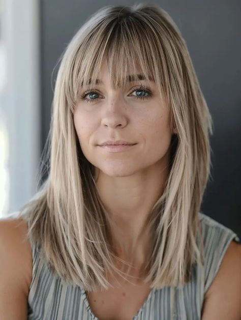 32 Medium-Length Haircuts with Bangs for Every Face Shape Hairstyle With Fringe Medium, Wispy Bangstyle Hair Medium, Long Blonde Bob With Bangs, Long Lob With Bangs, Over 50 Haircuts Medium Lengths, Layers For Medium Length Hair With Bangs, Medium Length Haircut With Fringe, Straight Haircut With Bangs, Medium Length Hair With Fringe