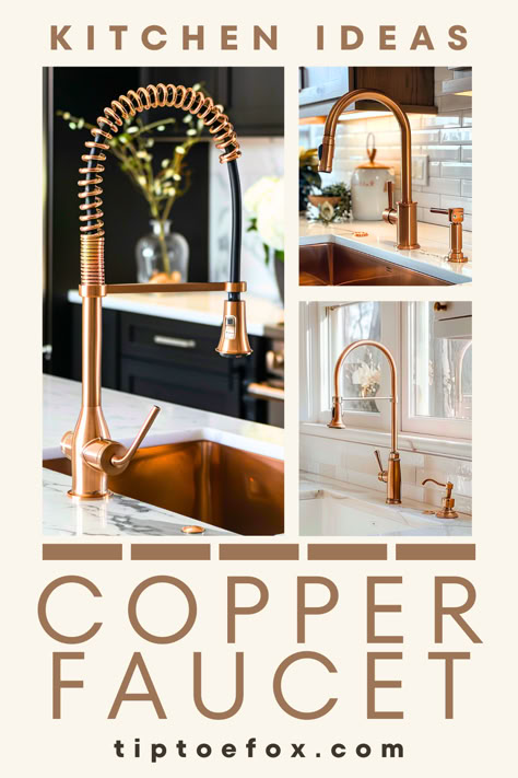 copper kitchen faucet ideas White Kitchen With Copper Hardware, Copper Sink Faucet Kitchen, Copper Finishes Kitchen, Copper White Kitchen, Copper And Stainless Steel Kitchen, Kitchen Copper Hardware, Copper Faucet Kitchen, Kitchen Copper Accents, Copper Accents Kitchen