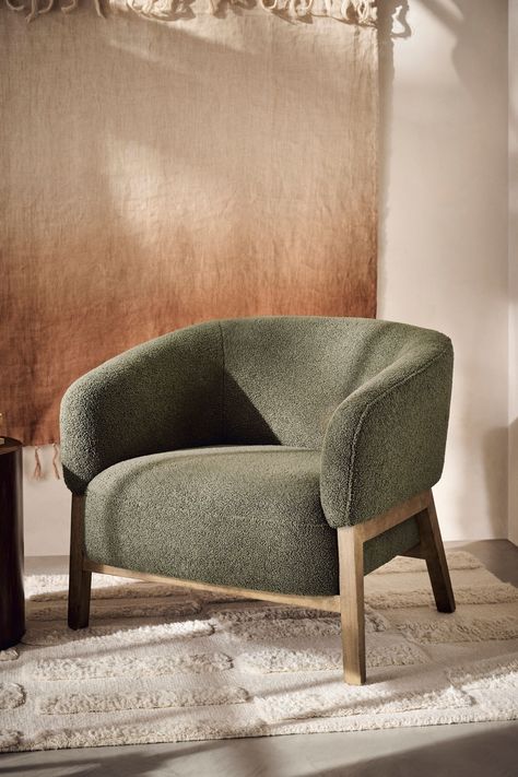 Boucle Accent Chair, Boucle Chair, Green Lounge, Chair Design Wooden, Green Armchair, Wardrobe Furniture, Leisure Chair, Curved Sofa, Boucle Fabric