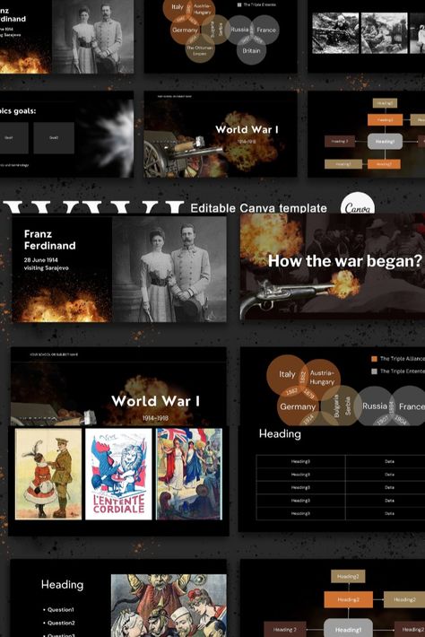 History presentation about World war 1. mpress your audience with a polished and informative presentation that is sure to make an impact. Get your hands on our history template today and elevate your next presentation to the next level. Perfect for educators, students, and history enthusiasts, our template offers an engaging and visually compelling way to explore historical events and figures. History Presentation, History Presentation Design, Historical Presentation Design, Historical Presentation, History Slide Presentation, History Template Powerpoint, Military Powerpoint, Presentation Slides Design, Powerpoint Slide Designs