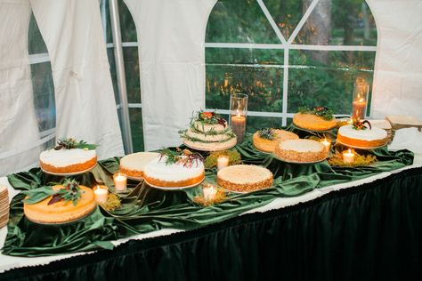 Fall Wedding Cheesecake, Cheesecake Table Wedding, Cheesecake Display Ideas, Wedding Cheesecake Display, Cheesecake Display, Cheesecake Deserts, Cheesecake Wedding, Colored Taper Candles, Cheesecake Wedding Cake