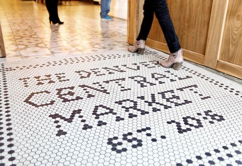 Hipster Food, Hexagon Mosaic Tile, Glass Countertops, Central Market, Exposed Brick Walls, Hexagonal Mosaic, Brick Facade, Food Hall, Wooden Beams