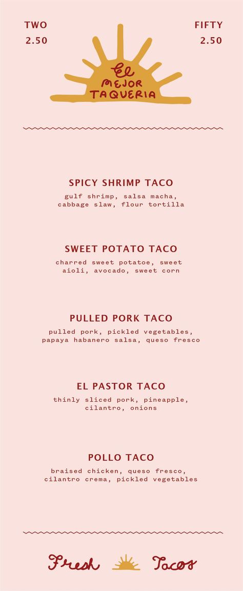 Tacos Menu Design, Mexican Menu Ideas, Mexican Restaurant Menu Design, Brunch Menu Design, Taco Bar Menu, Taco Bueno, Mexican Restaurant Menu, Taco Menu, Supper Club Menu