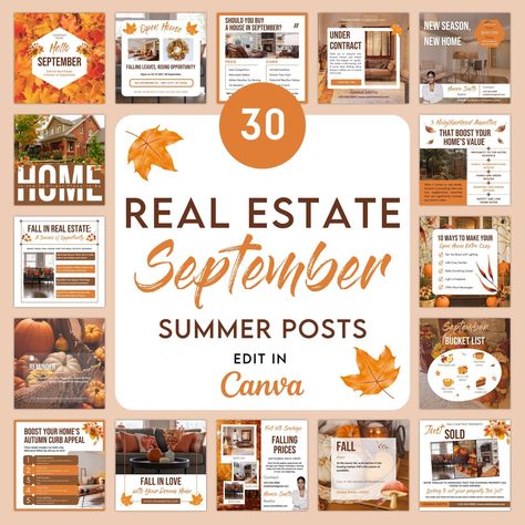 Elevate your fall real estate marketing with our stunning collection of 30 pre-made Instagram templates. These autumn-inspired designs, crafted specifically for Canva, will engage potential buyers and make your social media stand out.  Completely editable, these digital files allow for full customization to match your brand. While basic Canva knowledge is required, our team is always happy to assist with any questions you may have.  
.#CanvaTemplates #SocialMediaDesign #InstagramIdeas #PinterestTemplates #CreativeCanva September Real Estate Posts, September Real Estate Marketing Ideas, Fall Real Estate Posts, Fall Real Estate Marketing Ideas, Real Estate Marketing Social Media Posts, September Real Estate, Fall Real Estate, Real Estate Instagram Posts, Real Estate Instagram Post