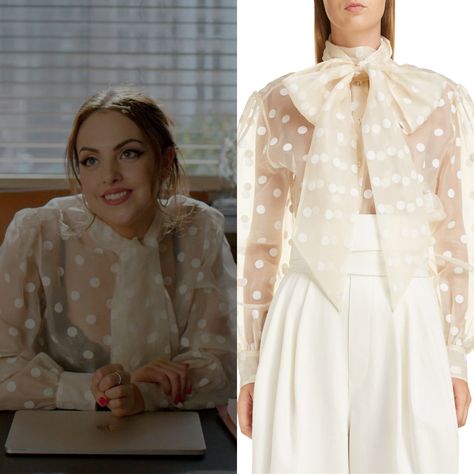 Dynasty Closet: Photo Fallon Outfits, Dynasty Closet, Dynasty Fashion, Dynasty Outfits, Fallon Carrington, Organza Blouse, Elizabeth Gillies, Clothes Jewelry, Printed Pleated Skirt