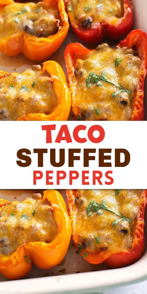 Bell peppers cut in half and stuffed with ground beef and cheese with Pinterest overlay. Beans And Cheese, Seasoned Ground Beef, Taco Stuffed Peppers, Cheese Making, Dinner Recipes Easy Quick, Healthy Dinner Recipes Chicken, Skinny Taste Recipes, Health Dinner Recipes, Dinner Recipes Crockpot