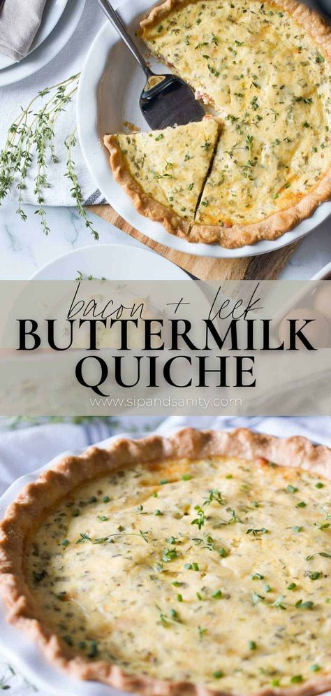 Bacon + Leek Buttermilk Quiche is a savory, tangy, cheesy brunch favorite that pairs perfectly with salads, fruit, and great company! With enough bacon and cheese to satisfy, combined with aromatic sweet leeks and garlic, and punctuated by a custard made with tangy buttermilk to add balance, it makes a perfect meal for brunch, lunch or dinner! Buttermilk Quiche, Bacon Quiche, Bacon And Cheese, Buttermilk Recipes, Quiche Recipe, Quiche Recipes, Bacon Cheese, Breakfast Brunch Recipes, Breakfast Time