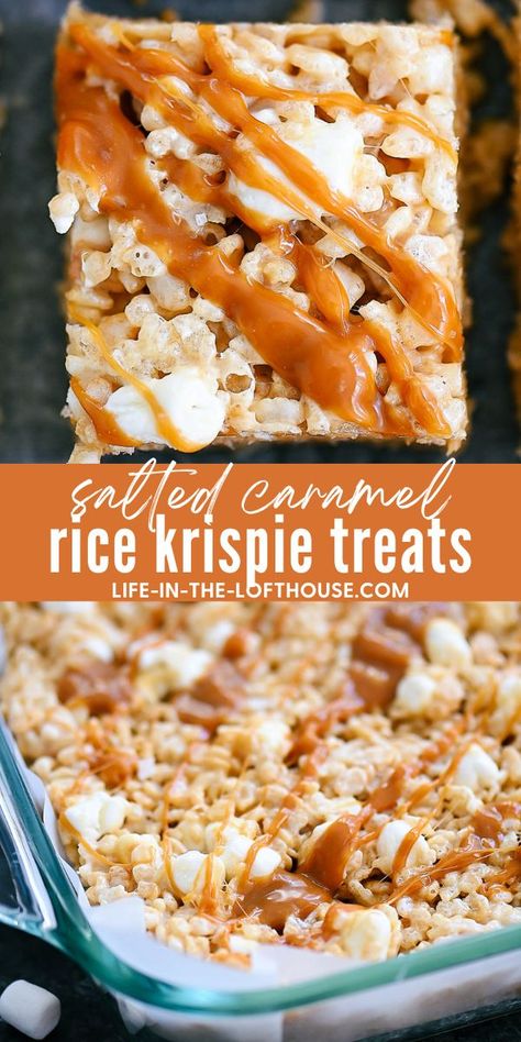 Salted Caramel Rice Krispie Treats are a satisfying twist on an all-time classic treat. America’s favorite crisp rice treat coated in marshmallows and swirls of salted caramel. Rice Crispy Treats With Different Cereal, Rice Krispie Caramel Marshmallows, Toasted Marshmallow Caramel Rice Krispie Treats, Carmel Rice Crispy Marshmallow, Brown Butter Salted Caramel Rice Krispie Treats, Flavor Rice Krispie Treats, Rice Crispy Fall Treats, Rice Krispie Brownies Marshmallows, Rice Krispie Caramel Bars