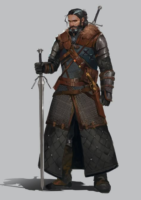 Witcher Character Art, Dnd Human Fighter, Male Warrior Fantasy Art, Dnd Character Art Male, Dnd Male Character, Dnd Character Design Male, Witcher Armor, Fantasy Fighter, Witcher Art