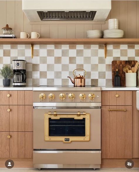 Kitchen Floating Shelves, Kate Marker Interiors, Induction Stove, Big Chill, Beautiful Cottages, Green Cabinets, Porcelain Floor, Brass Handle, Stunning Kitchens