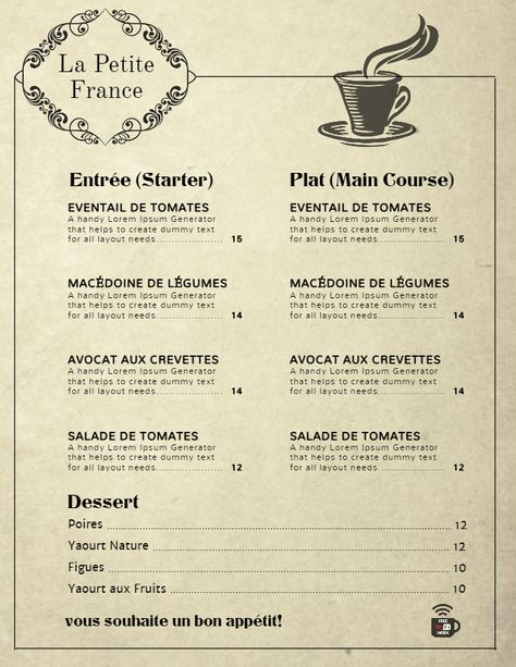 Vintage French cafe menu template Vintage Cafe Menu Design, French Cafe Menu Design, French Menu Card, French Menu Design, Vintage Menu Design, French Restaurant Menu, French Cafe Menu, Cafe Menu Template, Classroom Cafe