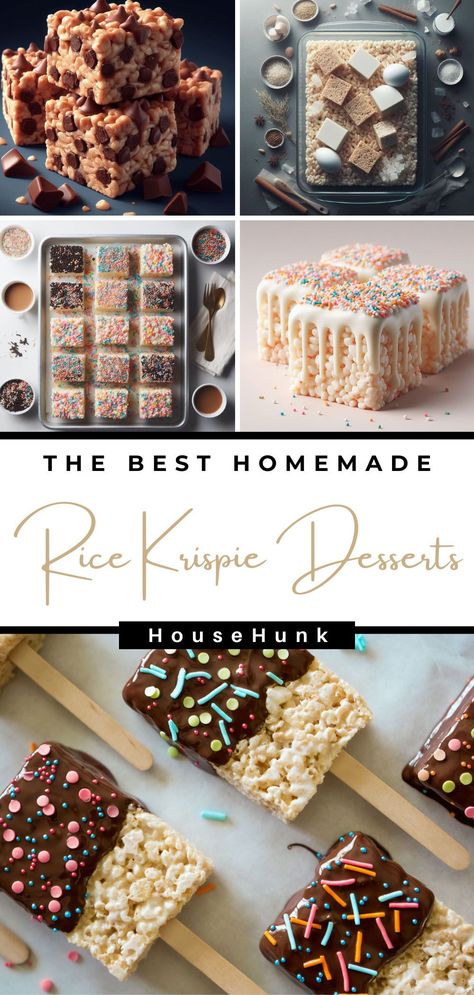 Looking for some easy and fun dessert ideas? Check out these 29 Rice Krispies treats recipes for Rice Krispies desserts that will wow your family and friends. From ice cream cake to brownies to cookies, these desserts are made with Rice Krispies treats in creative ways. They are perfect for parties, holidays, or any day. Pin this post and try them all! Rice Crispy Treats With Different Cereal, Thanks Giving Rice Crispy Treats, Fun Rice Krispy Treats, Rice Krispie Treats With Icing, Cool Rice Krispie Treat Ideas, Cookies N Cream Rice Krispie Treats, Rice Crispy Treats With Sprinkles, Rice Krispie Cake Ideas, Bakery Rice Krispie Treats