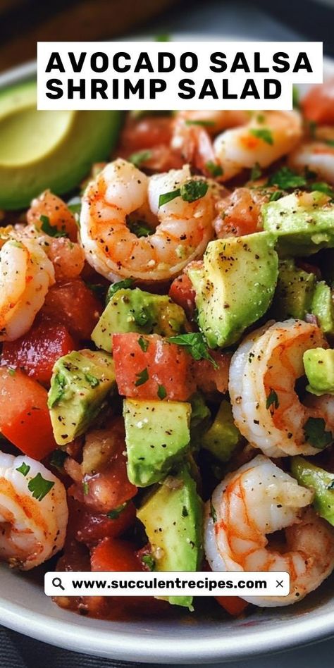 Packed with fresh shrimp, creamy avocado, and a tangy salsa mix, this salad is the perfect balance of flavors and textures! Shrimp Cocktail With Avocado, Shrimp Salad Meal Prep, Dressing For Shrimp Salad, Seafood Salad Recipe With Crab Shrimp, Meal Alternatives, Shrimp Salad Recipes Healthy, Wrap Recipes For Lunch, Avocado Shrimp Salad, Shrimp Avocado Salad Recipe