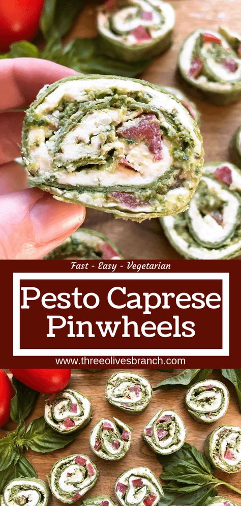 Fast and simple party appetizer recipe. Vegetarian Caprese Pesto Pinwheels Roll Ups are made of cream cheese, mozzarella, Parmesan, basil pesto, and tomatoes rolled in a flour tortilla. Easy finger food for entertaining or game day. #basilpesto #caprese #pinwheels #appetizers Caprese Pinwheels, Food For Entertaining, Pesto Pinwheels, Pinwheels Appetizers, Appetizer Recipes Vegetarian, Vegetarian Pesto, Easy Finger Food, Basil Pesto Recipes, Cheese Mozzarella