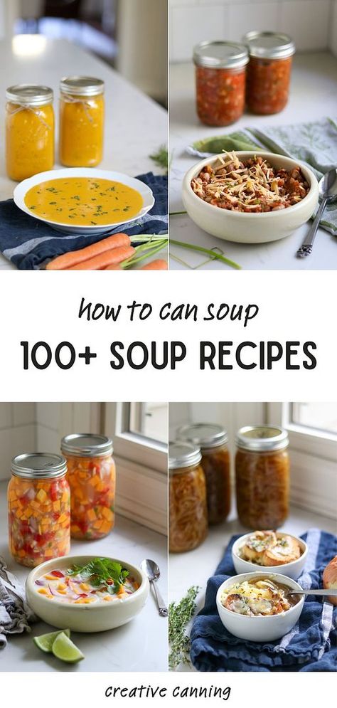 Learn how to can soup with these 100+ soup recipes perfect for beginners. From garden-fresh tomato soup to rich bone broth, these pressure canning recipes ensure you always have a comforting meal ready to heat and enjoy. Find more soup appetizers, comfort soup recipes, healthy soup recipes, and Pressure Canning Meat Recipes at creativecanning.com. Can Soup Recipe, Pressure Canning Meat, Canning Soup Recipes, Fresh Tomato Soup, Chicken Pot Pie Filling, Classic Beef Stew, Can Chicken Recipes, Low Acid Recipes, Pressure Canning Recipes