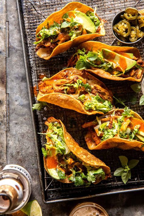 Grilled Buffalo Ranch Chicken Tacos | halfbakedharvest.com Ranch Chicken Tacos, Tahini Chicken, Cilantro Garlic Sauce, Chicken Ranch Tacos, Grilled Buffalo Chicken, Buffalo Ranch Chicken, Buffalo Chicken Tacos, Half Baked Harvest Recipes, Bbq Salmon