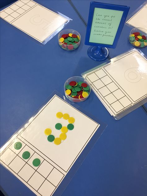 Match Numeral To Quantity, Teaching Number Formation, Matching Quantity To Number Activities, Number Formation Eyfs, Maths Interventions, Workstation Activities, Provocation Table, Number Formation Activities, Preschool Tables