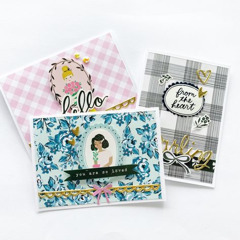 QUICK AND EASY CARDS  | Yui Oku  | April 2021 hip kits Quick And Easy Cards, Hip Kit Club, Maggie Holmes, Easy Cards, Puffy Stickers, Gold Line, Girl Stickers, Theme Design, Simple Cards