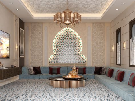 Arabic Majlis - EGP Middle Eastern Interior Design, Arabic Majlis Interior Design, Modern Islamic Interior, Majlis Interior Design, Modern Arabic Interior, Arabic Interior Design, Majlis Design, Grand Chandelier, Islamic Design Pattern