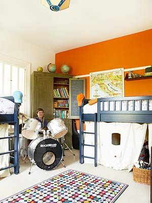 Boy room that will age well. Preteen Bedroom, Orange Accent Walls, Space Kids Room, Creative Beds, Kids Rooms Shared, Coloring For Boys, Boy Bedroom Design, Boy’s Room, Orange Walls