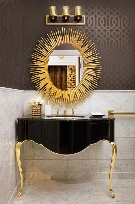 Art Deco Bathroom Vanity, Boutique Bathroom, Arte Art Deco, Glam Bathroom, Black And Gold Bathroom, Trellis Wallpaper, Art Deco Bathroom, Deco Bathroom, Gold Bathroom