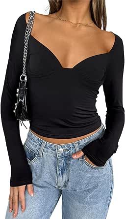 his deep v neck long sleeve tops for women made of polyester and spandex, soft and comfy fabric Desgin: Long sleeve low cut tops for women features ruched cups and regular length, cut out back shirt, plunge neckline top, basic solid tee, casual t shirts going out tee tops Occasion: Sweetheart neck long sleeve top, pair this ruched bust tee with your skirt or pants for a complete fits, the long silhouette is perfect for tucking into jeans and skirts alike Plunging Neckline Top, Fitted T Shirt, Low Cut Top, Going Out Shirts, Cut Top, Plunge Neckline, Going Out Tops, Sweetheart Neck, Deep V Neck