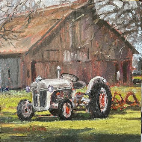 Excited to share the latest addition to my #etsy shop: original oil painting, vintage white tractor with barn, rural farming landscape, impressionistic, impressionism, Marilyn Eger 6" X 6" https://etsy.me/3BGanAP #bedroom #woodhardboard #impressionist #westerncowboy #u Farm Oil Painting, Tractor Art Painting, Farm Land Painting, Farming Landscape, Old Tractor Drawing, John Deere Art, Old Tractor Paintings, White Tractor, Tractor Art