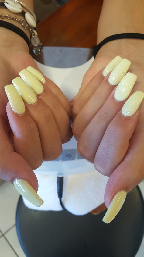 Light Yellow Coffin Acrylic Nails, Coffin Acrylic Nails Yellow, Light Yellow Nails Acrylic, Yellow Ballerina Nails, Pastel Yellow Almond Nails, Summer Nails Yellow Pastel, Yellow Square Acrylic Nails, Nail Inspiration Yellow, Pale Yellow Nails Design