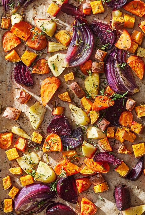 Sheet-Pan Roasted Root Vegetables Roasted Autumn Vegetables, Roasted Veg Sheet Pan, Root Vegetable Recipes Roasted, Sheet Pan Root Vegetables, Sheet Pan Vegetables, Root Vegetable Recipes, Chicken And Root Vegetables Roasted, Sheet Pan Chicken And Root Vegetables, Make Ahead Roasted Root Vegetables