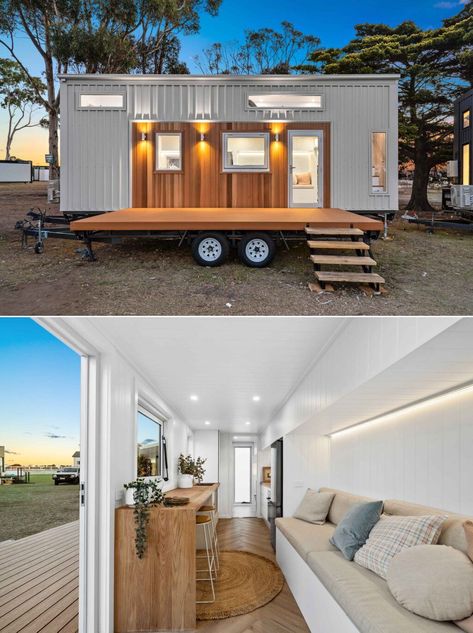 $155,000 Dundee Tiny House Sleeps Four in Its Simple Yet Functional Interior Tiny House Company, Functional Interior, Space Light, Camper Living, Tiny House Interior, Bedroom Loft, Tiny House Living, Tiny House On Wheels, Spacious Living Room