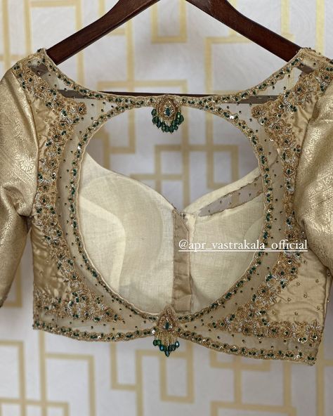 APR Vastrakala | The Gold Tissue with hand embroidered border, intricately woven with Zari and Zardosi,extends to a graceful pallu, creating a visual... | Instagram Handwork Blouse Design Latest, Zari Work Embroidery Design, Blouse Designs Hand Work, Border Blouse Designs, Apr Vastrakala, Blouses Designs Latest, Golden Blouse Designs, Zardosi Work Blouse, Simple Aari Work Blouse