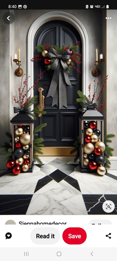 Black Front Door Christmas Decor, Black Gold And Red Christmas Decor, Black And White Christmas Porch, Classy Christmas Outdoor Decor, Red White And Black Christmas Decor, Red White Black Christmas Tree, Hotel Lobby Christmas Decor, Black White And Red Christmas Tree, Christmas Decorations For Porch