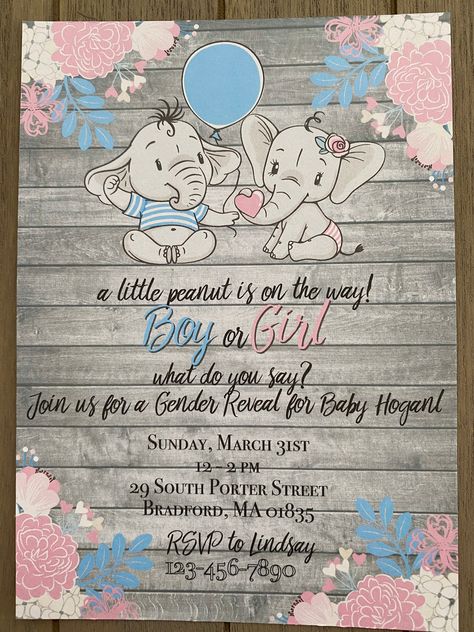 Little Peanut is on the Way, What with baby be, elephant gender reveal invite Elephant Gender Reveal, Gender Reveal Baby Shower Themes, Baby Gender Reveal Party Decorations, Gender Reveal Themes, Gender Reveal Party Invitations, Baby Reveal Party, Elephant Theme, Gender Reveal Party Decorations, Baby Gender Reveal Party