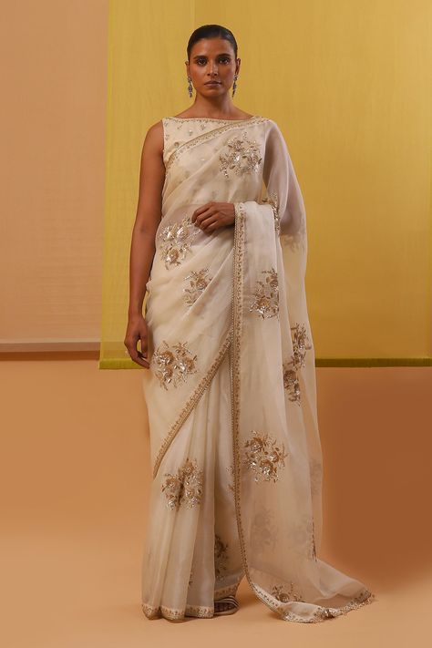 Shop for these amazing collections of Off White Pure Silk Organza Embroidery Sequin Fabia Floral Saree With Blouse For Women by Sue Mue online at Aza Fashions. Organza Embroidery, Floral Saree, Knotted Blouse, Female Dress, White Saree, Blouse For Women, Organza Saree, Saree Look, Silk Organza