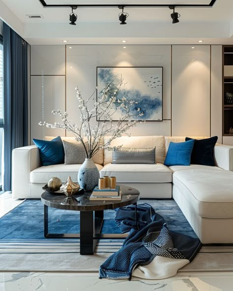 Modern Luxury Living Room, Blue And White Living Room, Blue Living Room Decor, Latest Living Room Designs, Home Design Living Room, White Living Room, Living Room White, Elegant Living Room, Blue Living Room