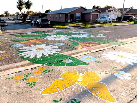 View with my street intersection mural on asphalt Florida Mural, Riviera Beach Florida, City And Colour, Mural Artist, Riviera Beach, Street Mural, Place Making, Siargao, Community Garden