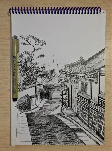 Korea Sketch Drawings, Korean Art Drawing, Seoul Art Drawing, Korean Building Drawing, Seoul Drawing City, Korean Temple Drawing, Korean Street Drawing, Korean Architecture Drawing, Japanese City Drawing