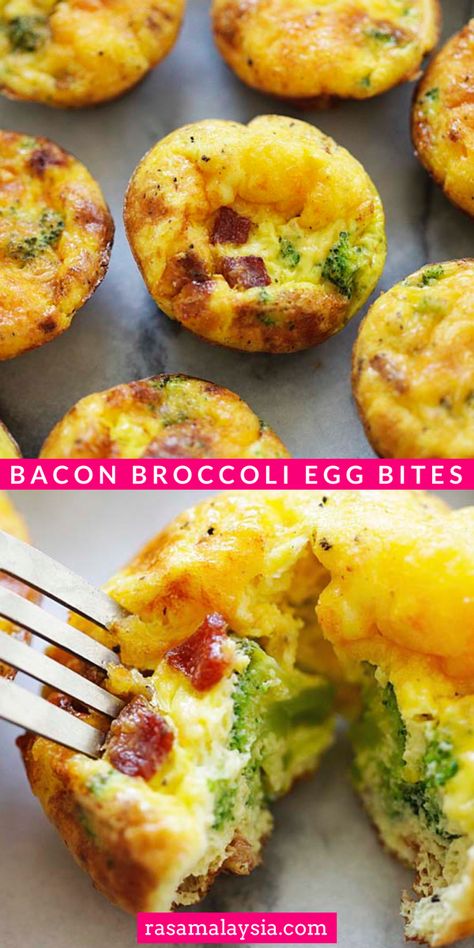 Bacon Broccoli Egg Bites, Broccoli Egg Bites, Baked Egg Bites, Breakfast Egg Bites, Sausage Bites, Bacon Broccoli, Starbucks Egg Bites, Egg Bites Recipe, Baked Egg