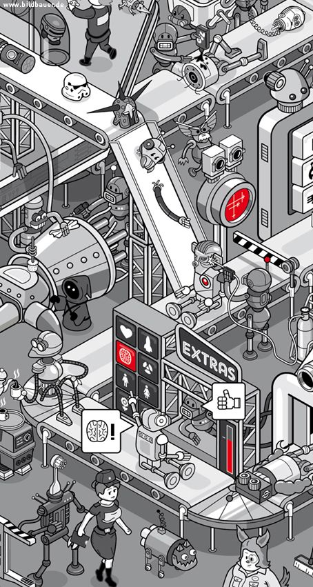 This is an editorial illustration for Ferchau Engineering's magazine "atFerchau". It is about self organizing smart factories and the "Internet of Things". Layout by grafish.de, wimmelbild by me. Factory Illustration, Smart Factory, Robot Factory, Isometric Drawing, Industrial Factory, Arte Alien, 강아지 그림, Isometric Art, Isometric Design