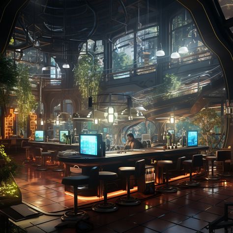 Sci Fi Bar Concept Art, Cyberpunk Lab, Restraunt Ideas, Cyberpunk Cafe, Cyberpunk Bar, Futuristic Bar, Dnd Aesthetic, Cyberpunk Red, Futuristic Robot