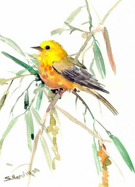 Goldfinch Painting, Suren Nersisyan, American Goldfinch, Bird Watercolor Paintings, Bird Watercolor, Paint Cards, 수채화 그림, Watercolor Trees, Bird Pictures