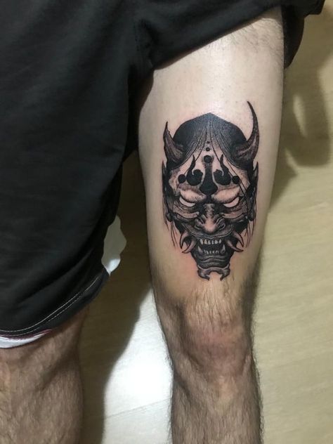 Omni Tattoo, Tattoo House, Japanese Demon Tattoo, Traditional Snake Tattoo, Oni Mask Tattoo, Barcode Tattoo, Oni Tattoo, Hannya Mask Tattoo, Full Leg Tattoos