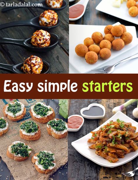 Easy, Simple Starters Recipes Starter Dinner Party, Starter Ideas Dinner Party Easy, Lunch Starter Ideas, Simple Veg Dinner Recipes, Quick Indian Appetizers Vegetarian, Easy Starters Recipes Simple, Mini Indian Appetizers, Indian Snacks For Party Finger Foods, Indian Starters Recipes