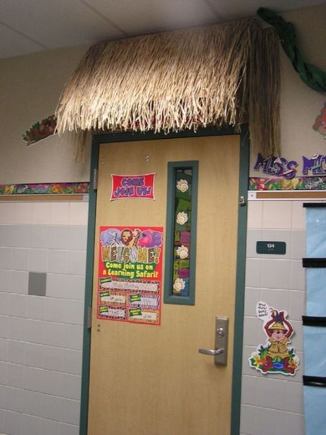 Image detail for -Front door-Jungle theme tiki hut Jungle Bulletin Boards, Safari Classroom, Shipwrecked Vbs, Beach Theme Classroom, Jungle Classroom, Jungle Theme Classroom, Ocean Theme Classroom, Hawaii Theme, School Doors