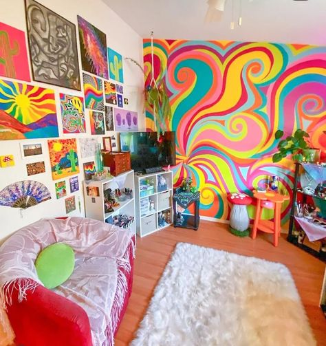 Gen Z Maximalism, Colorful Home Aesthetic, Rainbow Room Aesthetic, Eclectic Maximalism Bedroom, Maximalism Bedroom, Colorful Maximalist Bedroom, Y2k Maximalist, Maximalist Room Decor, Groovy Room