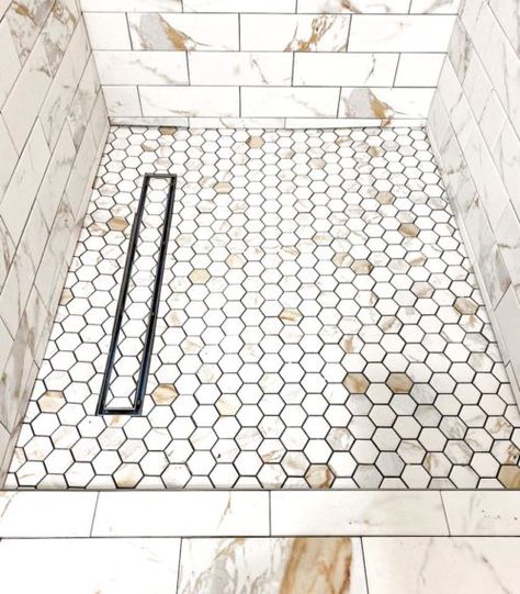 Gold Shower Tile, Wall Behind Toilet, Behind Toilet, Dream Home Bathroom, Marble Tile Bathroom, Marble Subway Tiles, Linear Drain, Calacatta Gold Marble, Kitchen Bathroom Remodel